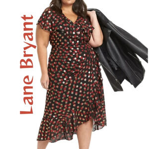 Lane Bryant Womens Flirty & Feminine Dress Sz 22 Hi-Lo Hem Ruffles Gold Spots